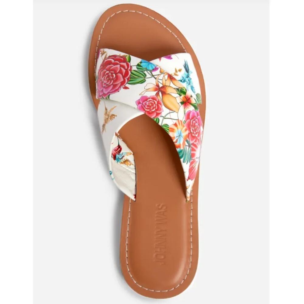 Johnny Was NWT Women's 8 & 9 Andra Cross Sandal ~ White Leather Floral Slip-on